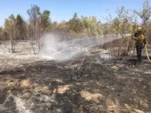 firefighters working vegetation fire in river bottom